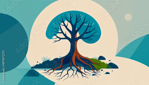 Stylized tree with exposed roots on a minimalist landscape with geometric shapes