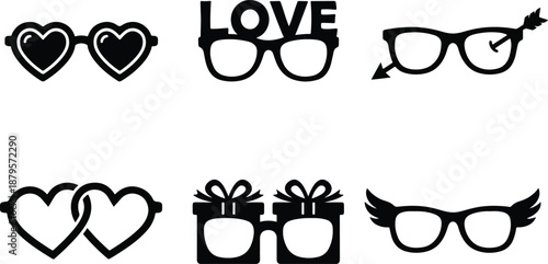  Set of Black Silhouette Heart Shaped Glasses Icons for Valentine's Day 2026, Romantic Eyewear Vector Collection Isolated on White