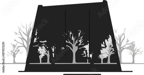 Stylized trees in a graphic, contrasting scene with dark and light elements