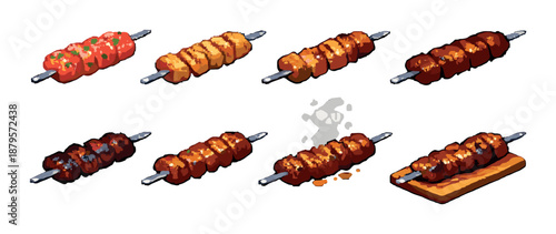 Grilled skewers featuring varieties of meat and vegetables on metal sticks
