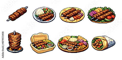 Variety of kebab dishes: skewers, plates, and wraps in different serving styles