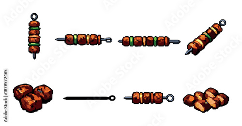 Variety of grilled meat skewers with vegetables on gray background