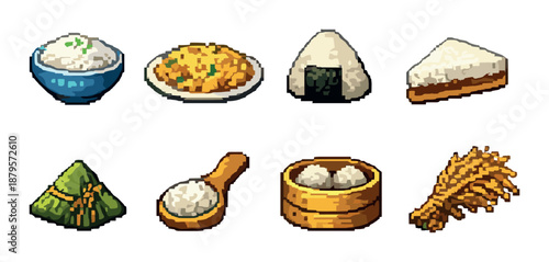 Pixel art of various rice dishes and ingredients with different types and forms