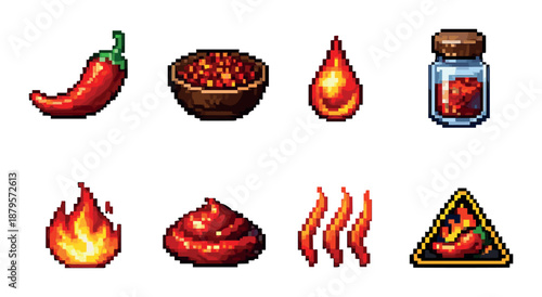 Pixel art hot sauce icons with chili peppers and fire elements