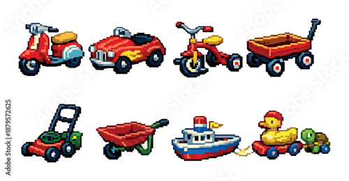 Pixel art retro toy collection: scooters, cars, bikes, and boats