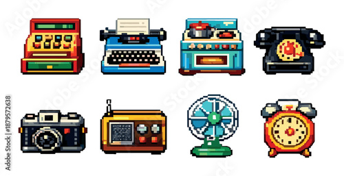 Retro pixel art icons: vintage typewriter, radio, camera, fan, telephone, cash register, clock