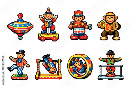 Vintage wind-up toys collection with clowns and monkeys in bright colors