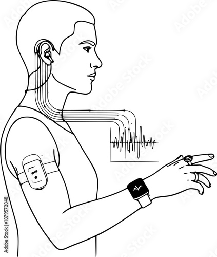 Longevity Biohacker Silhouette Optimizing Health Wearable Tech Biohacker Health Optimization Professional Wearables Anti-Aging Biohacking Specialist Technology Longevity Wellness Tracking Black Vector