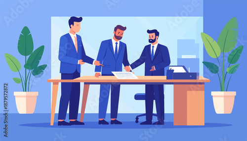Three businessmen in blue suits shake hands over a contract on a desk, with plants nearby