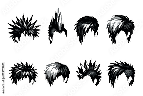 Collection of 8 pixelated black and white hairstyles on dark background