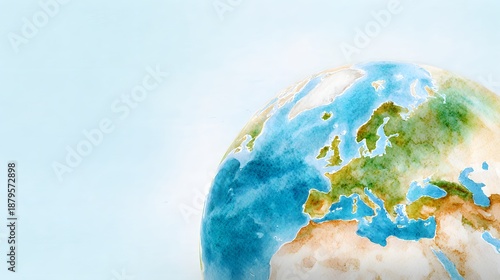 Serene watercolor globe illustration highlights Western Europe bathed in a gentle sunrise glow