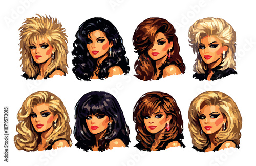 Caucasian female hairstyles in the 1980s with bold colors and styles