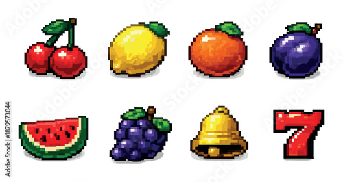 Pixel art fruit icons with bell and number seven motif