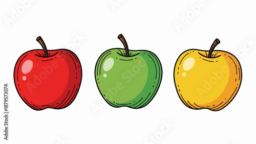 Three cartoon apples in red, green, and yellow