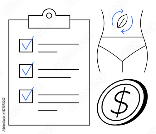 Wellness planning, diet tracking, health goals, budgeting, fitness, lifestyle management. A checklist, body with slimming arrows and dollar coin symbol are . Wellness planning diet tracking