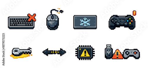 Pixel art icons of computer hardware and gaming devices on gray background