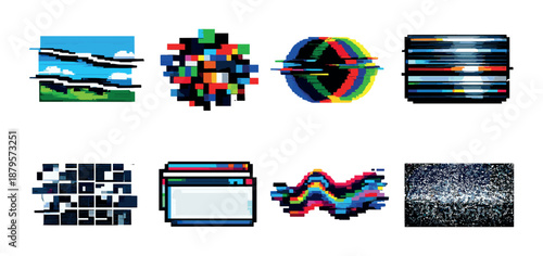 Pixelated abstract designs with vibrant colors and digital glitches