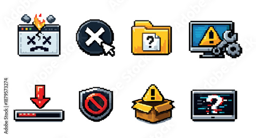 Pixel art computer error icons illustrating system issues and warnings