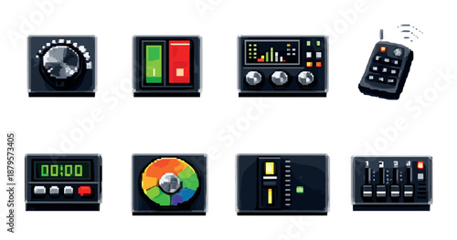 Retro control panel icons with knobs, buttons, dials, remote, digital displays, and equalizers