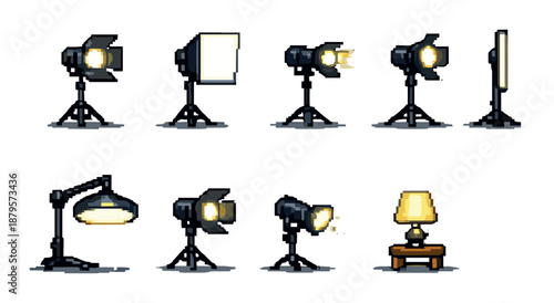 Pixel art lighting setups in studio setting with lamp on wooden table