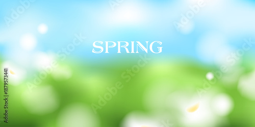 Spring soft blurred background. Natural landscape with blue sky, white clouds, green field, grass. White unfocused flowers. 