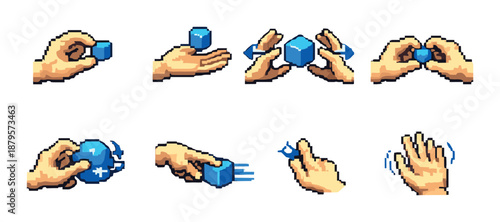 Pixel art hands manipulating blue cube in various gestures