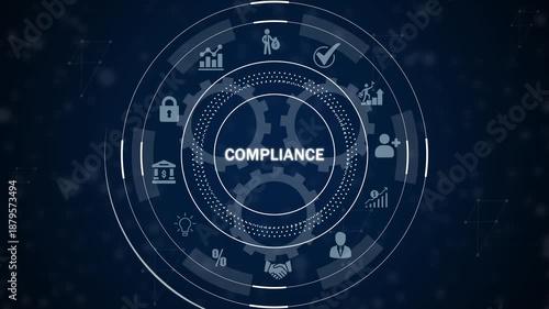 Digital compliance concept with gears and representing security finance and business growth on
