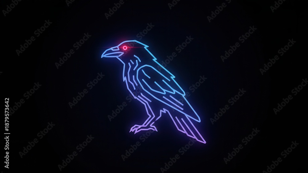 Fototapeta premium Mesmerizing neon raven with glowing red eye against a stark dark background futuristic cybernetic