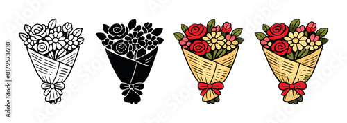 Four stages of a flower bouquet: outline, silhouette, color transition, vibrant finale
