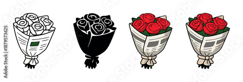 Four stylized rose bouquets in varied artistic color schemes on gradient background