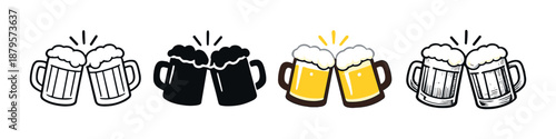 Row of beer mugs icons with highlighted cheers symbol on gray background