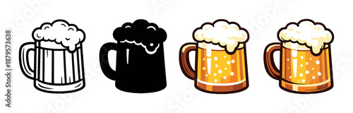 Illustration of beer mugs transitioning from black and white to color with foam