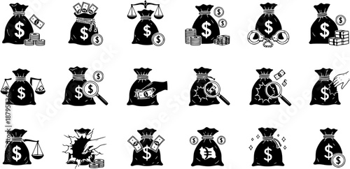 Money Bag Icons Set with Dollar Sign. Financial concepts including wealth, savings, justice, crime, search, and investment. Hand-drawn black and white illustrations for economy.