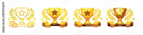 Glowing gold trophy icons with stars and coins on dark background