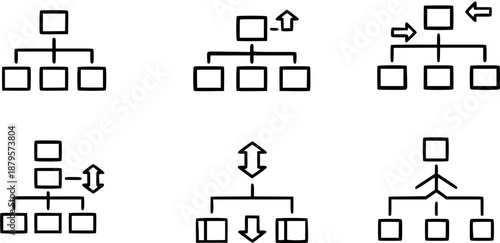 Organizational Chart Icons Set: Hierarchy, Business Structure, Management, Team Roles, Promotion, Demotion, Lateral Movement, and Communication Flow Symbols