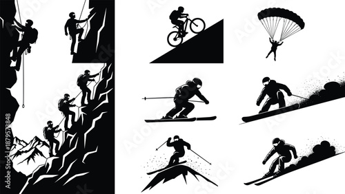 Extreme sports adventure silhouette set illustration climbing cycling skiing paragliding action scenes vector isolated on white background outdoor activity design