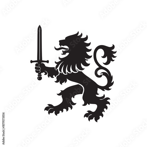 Lion Holding Sword Silhouette – Medieval Royal Crest Emblem, Fierce Warrior Lion Logo for Tattoo, Gaming, Branding, Coat of Arms & T-Shirt Design, Srilanka lion vector icon, Lion PNG