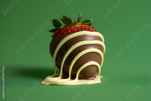 Fresh red strawberry partially dipped in dark chocolate and drizzled with white chocolate on green background