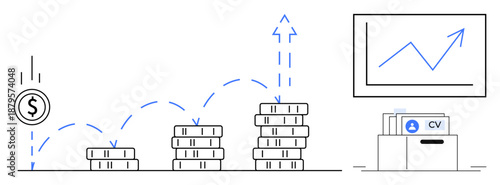 Financial growth concept. Increasing stacks of coins illustrate financial progress. Financial link resume insights, career planning, and data analytics. For business, finance, careers, strategy