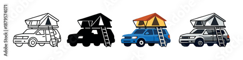 Colorful car campers with roof tents in various styles on gradient background