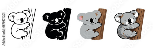 Cute cartoon koala variations on tree branches in different styles