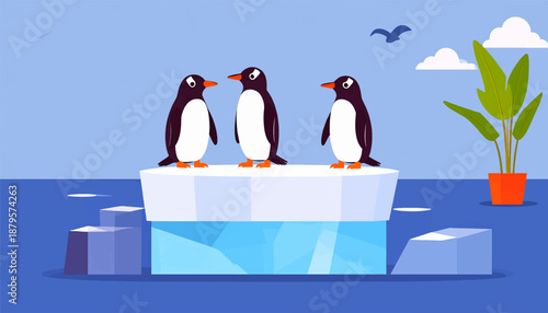 Three charming cartoon penguins stand on an icy platform in a flat graphic style