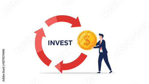 Entrepreneur handles large gold coin within continuous investment cycle loop represented by red arrows on a white background.