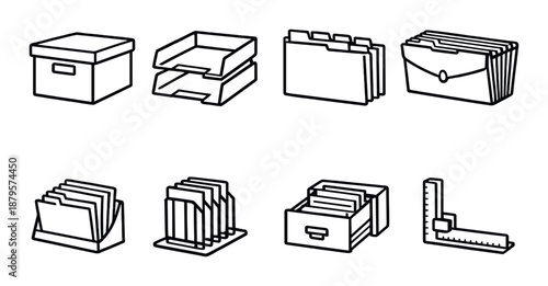 Various office file holders and organizers on gray background