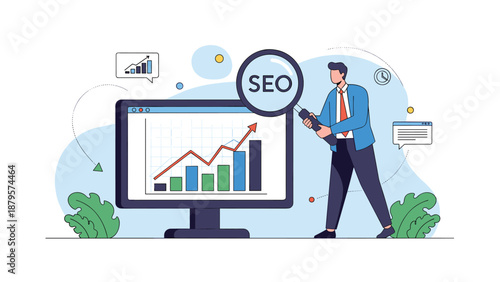 Focused professional uses large magnifying glass to analyze search engine optimization data and growth charts on computer monitor.