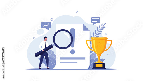 Professional investigator examines important business document with magnifying glass next to first place winner trophy award.