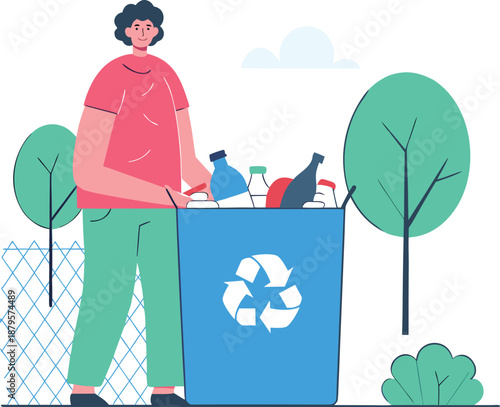 Man Recycling Plastic Waste into Blue Recycle Bin Flat Vector Illustration