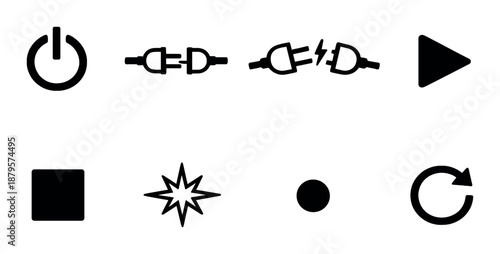 Multimedia icons: play, pause, power, stop, connect, refresh symbols in black