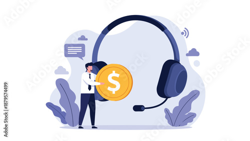 Customer support representative holds large gold coin while standing next to giant headset for financial services assistance.