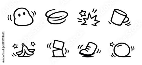 Simple icons: blob, disc, starburst, mug, banana peel, box, shoe, ball